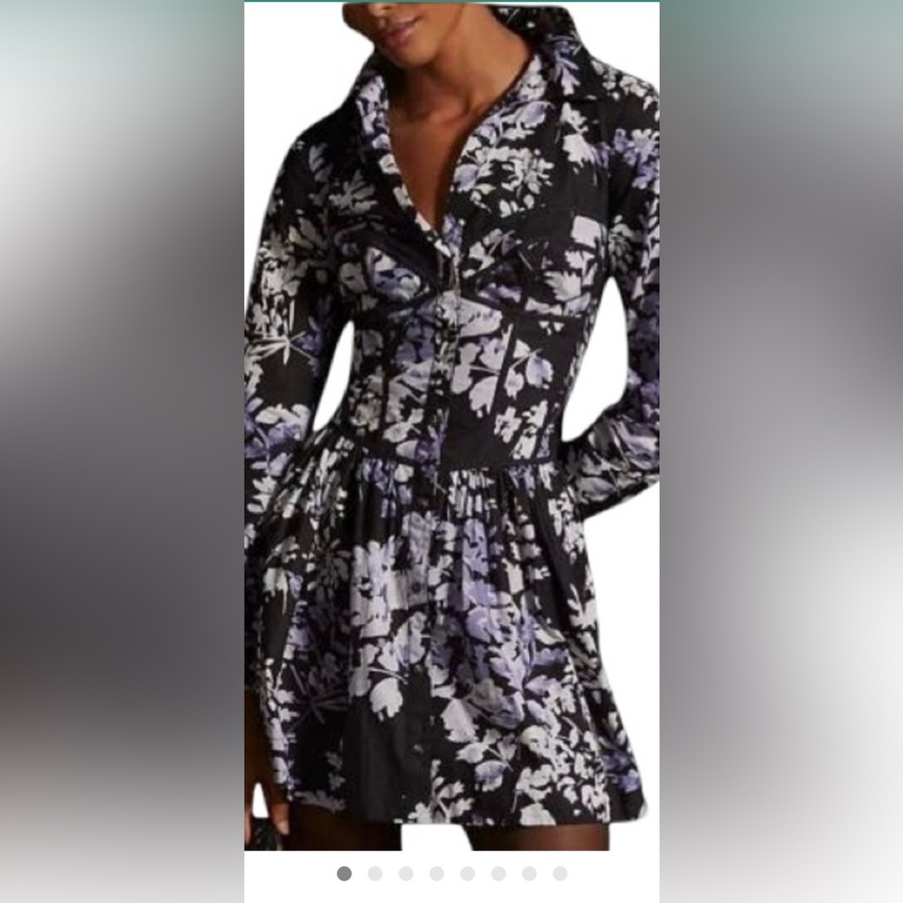Anthropologie NWT 
Corset Dress Black
Purple Floral Mini Shirtdress Size 4p